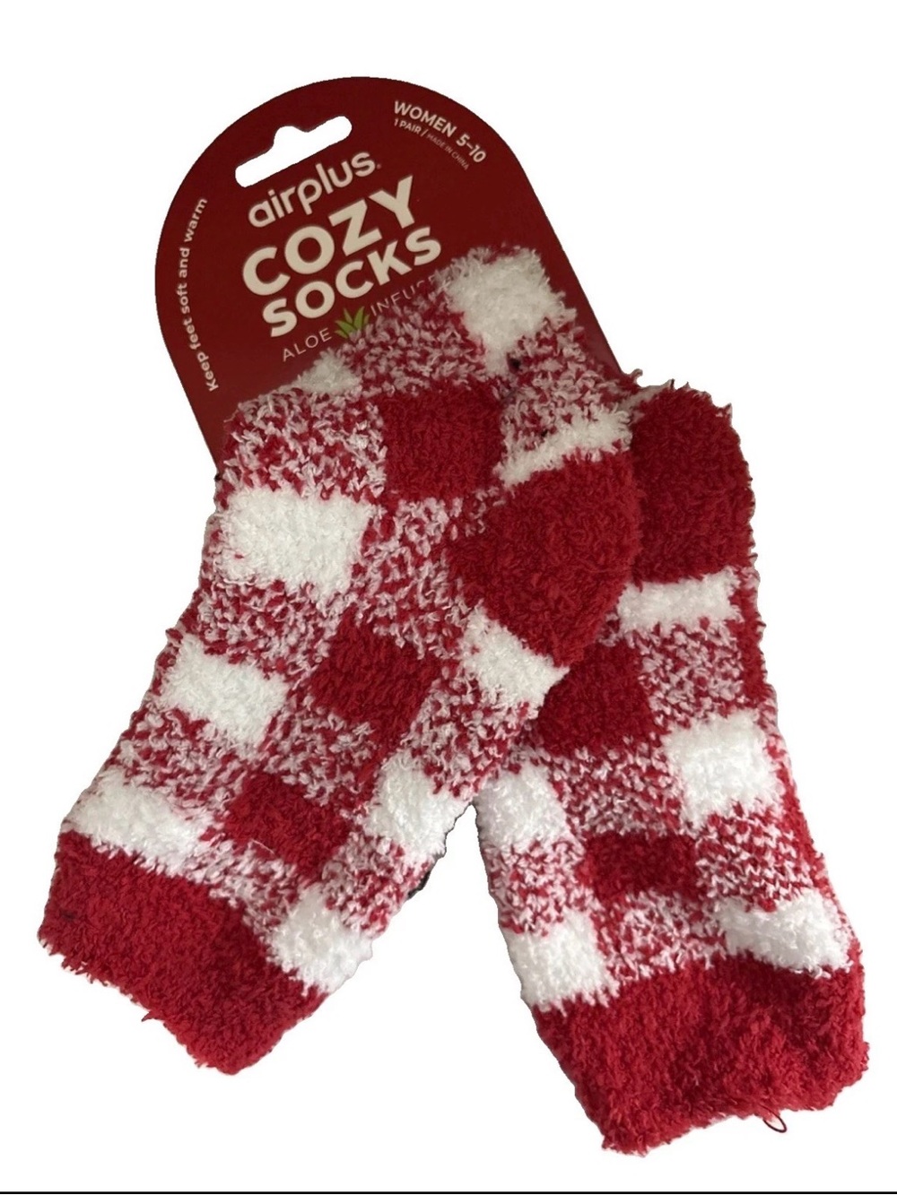 Cozy Socks Buffalo Plaid White Red Aloe Infus Airplus Women's M-5-10 NWT